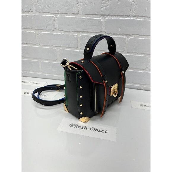 Michael Kors manhattan satchel bag leather contrast trim black gold hardware